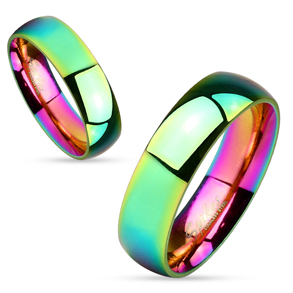 Misty Blue Dome Rainbow IP Stainless Steel Couple Ring