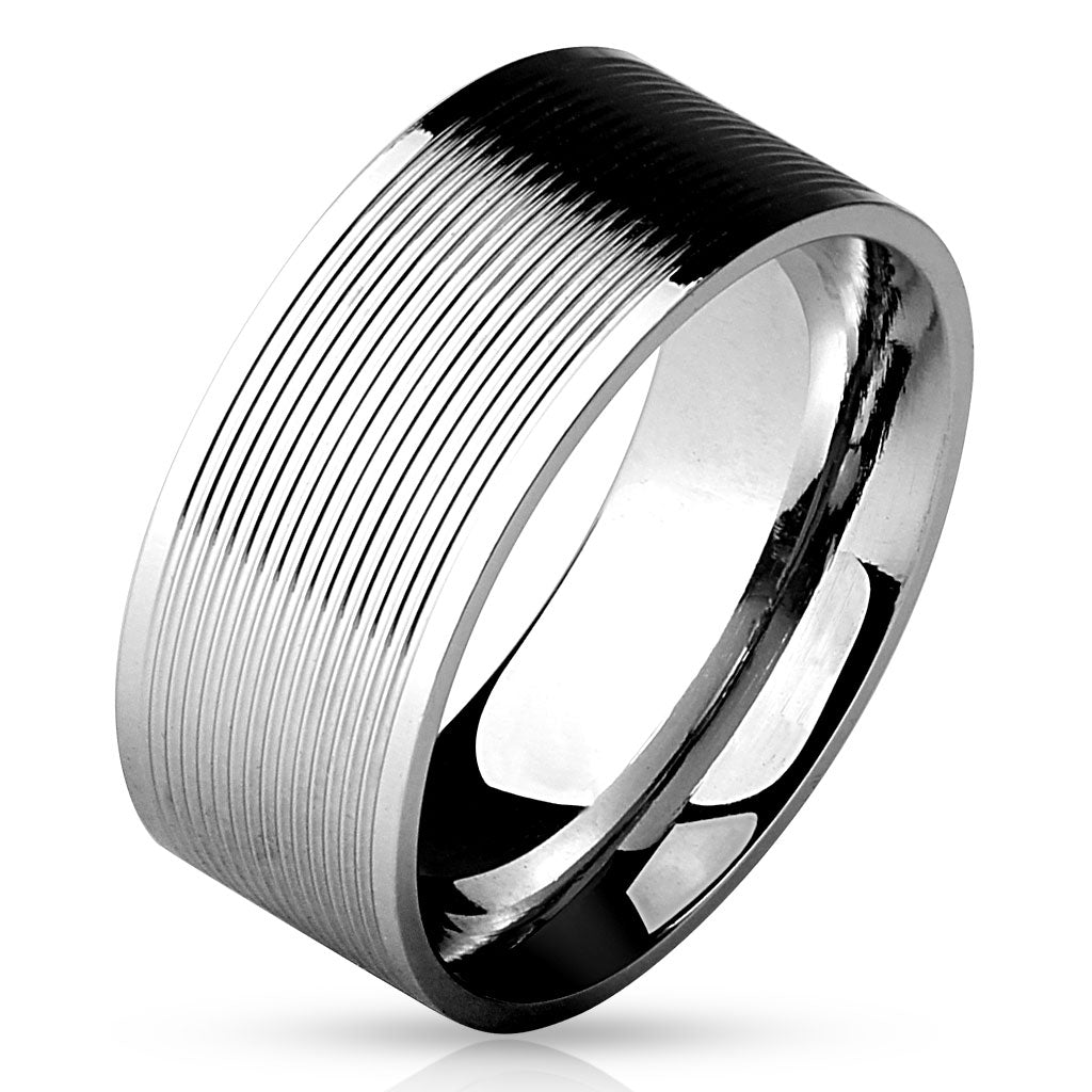 Misty Blue Multi Grooved Lines Stainless Steel Band Ring