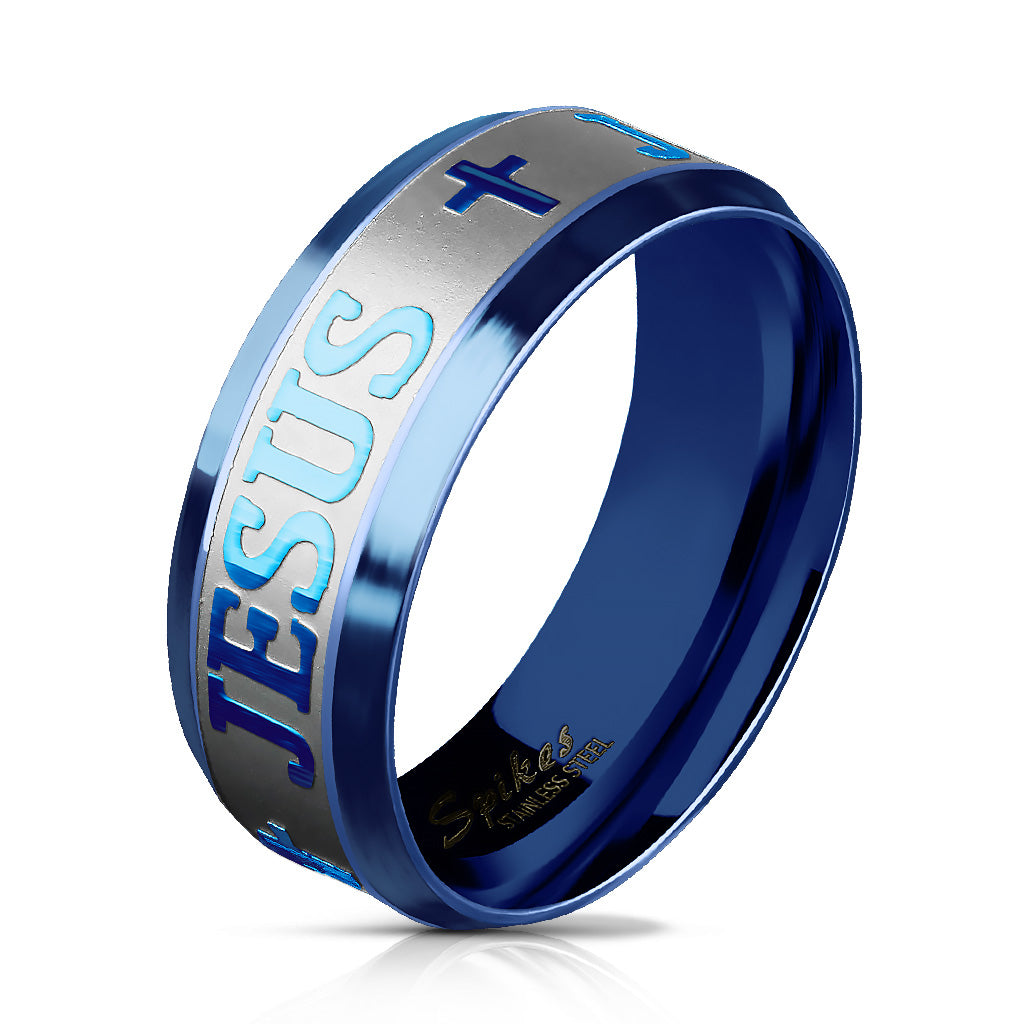 Misty Blue JESUS + Engraved Stainless Steel Ring