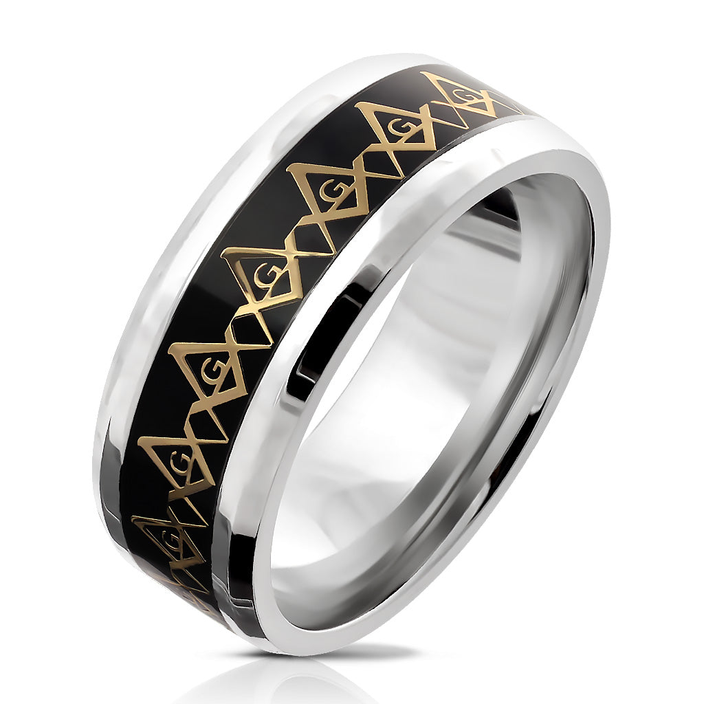 Misty Blue Masonic Compass Inlay Stainless Steel Ring