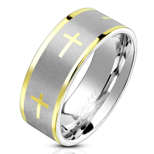 Misty Blue Gold Cross with Brush Finished Center and Gold Edge Stainless Steel Ring