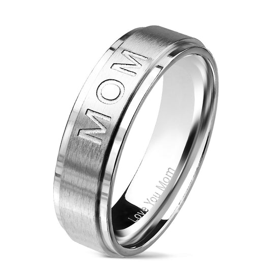 Misty Blue "MOM" Engraved Stainless Steel Ring