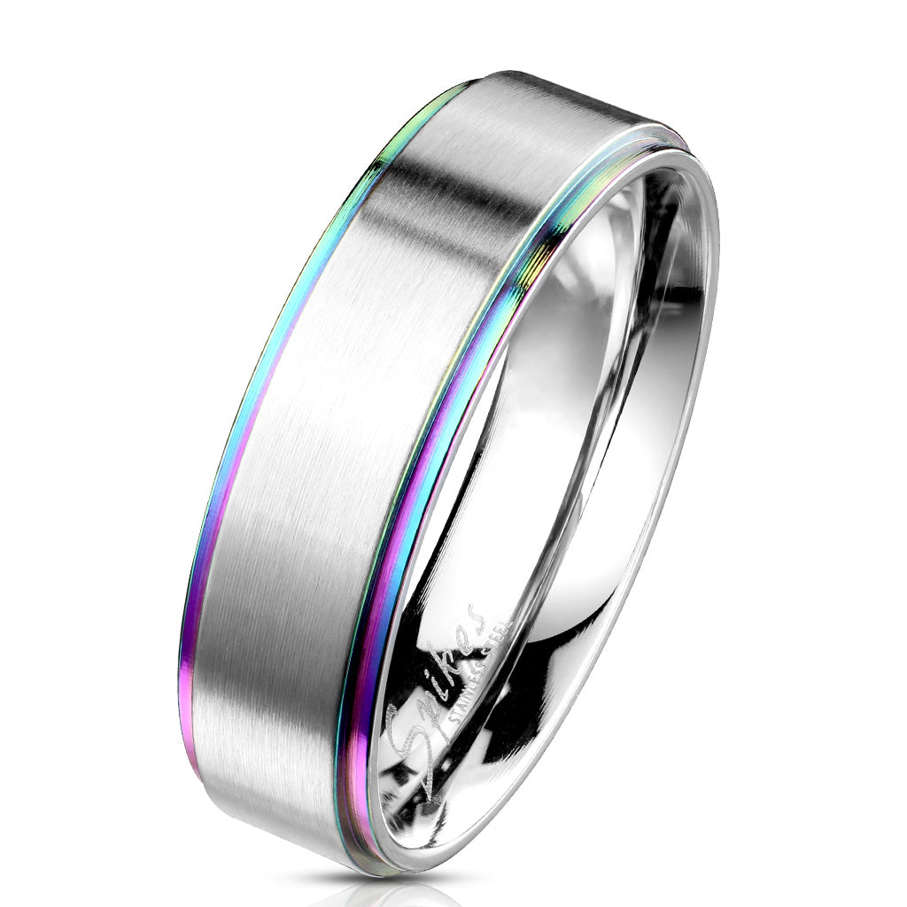Misty Blue Rainbow Edged Stainless Steel Band Ring