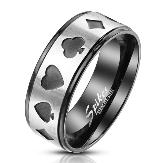 Misty Blue Poker Card Cut Out Center Two Tone Black Stainless Steel Ring