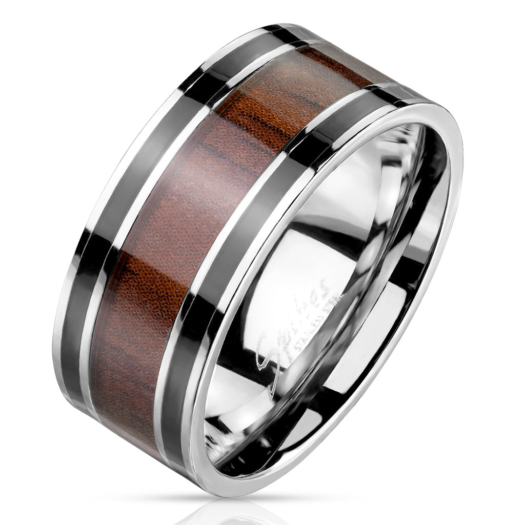 Misty Blue Wood Inlaid Center with Black Lines Stainless Steel Ring