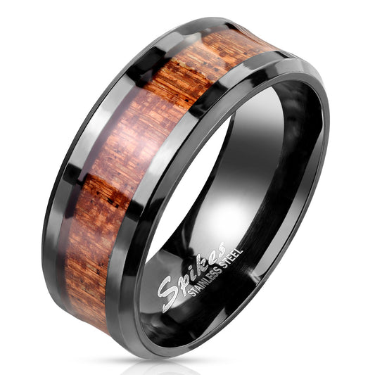 Misty Blue Wood Inlay Center Beveled Edge Stainless Steel Ring