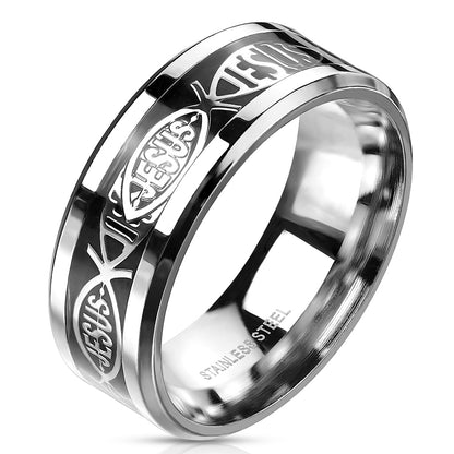 Misty Blue Jesus Fish Inlaid Stainless Steel Band Ring