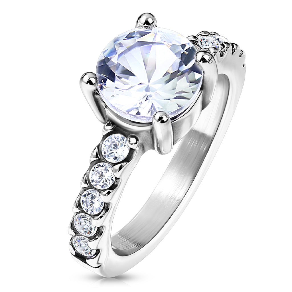 Misty Blue Round Prong Set with Paved Sides Engagement Ring
