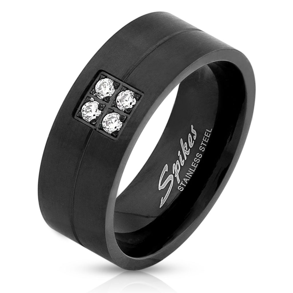 Misty Blue Four Gems Black Stainless Steel Band Ring