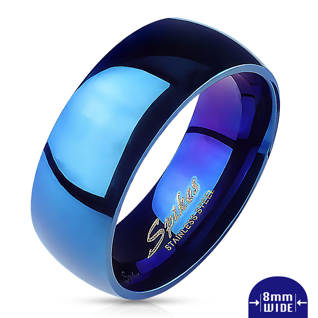 Misty Blue Polished Mirror Blue IP Dome Stainless Steel Band Ring