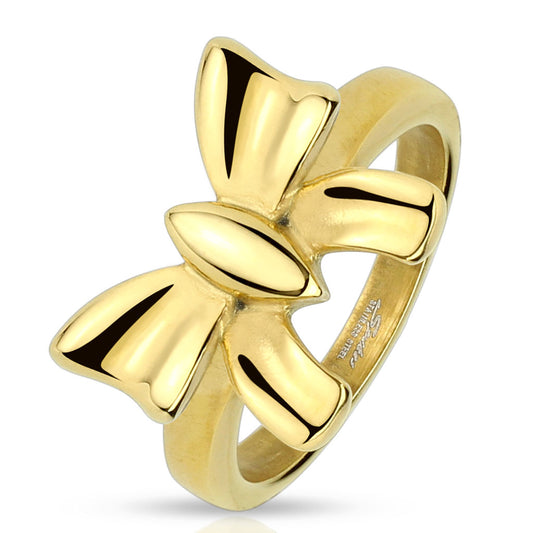 Misty Blue Ribbon Bow Gold Stainless Steel Ring