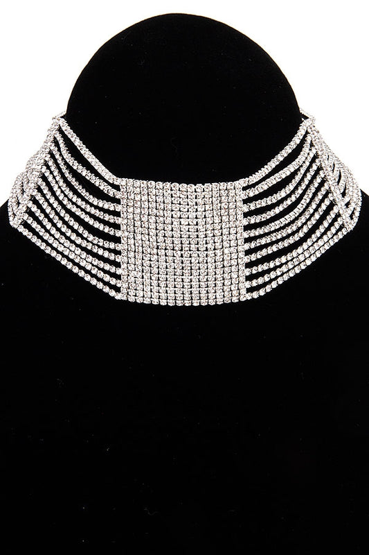 Misty Blue Rhinestone Multi Row Choker Necklace