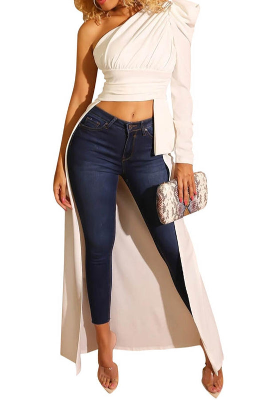 Misty Blue White Off Shoulder Midriff with Long Tail Top